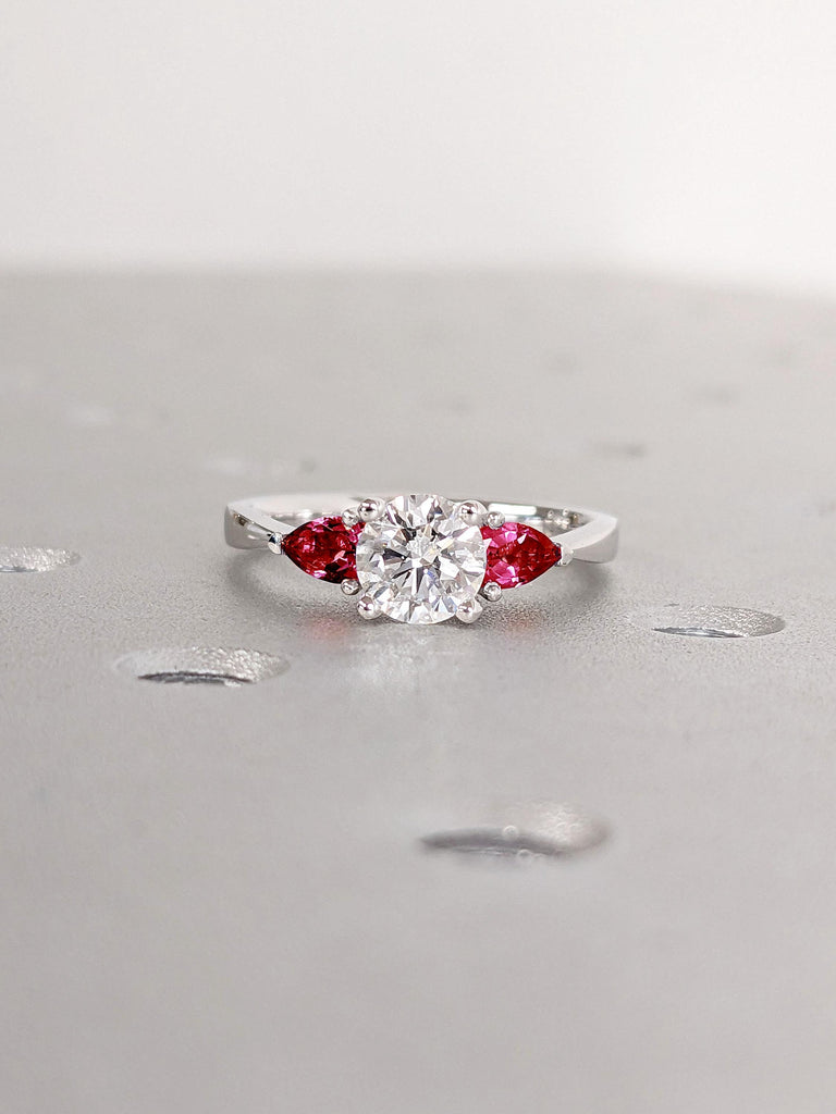 Lab Grown Diamond Engagement Ring | Diamond and Ruby Ring | 3 Stone Promise Ring |  Round, Pear cut Ring | Solid Gold Bridal Jewelry