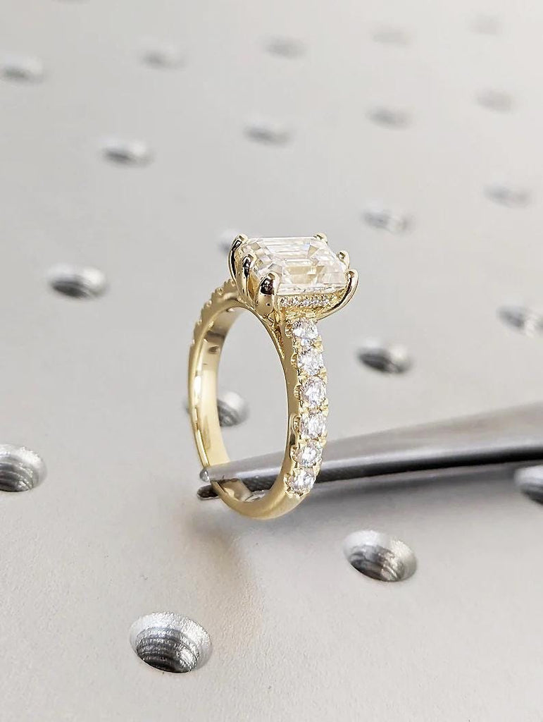 Emerald Cut Moissanite Engagement Ring, 14k Yellow Gold Half Eternity Ring, Hidden Halo Diamond Ring, Art Deco Ring for Her, Promise Ring