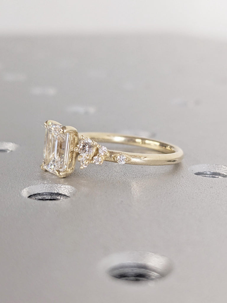 Emerald Cut Lab Grown Diamond | Unique 14K Yellow Gold Snowdrift Engagement Ring | Diamond Cluster Promise or Anniversary Ring for Women