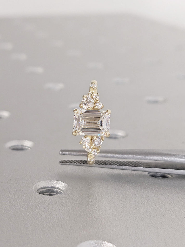 Emerald Cut Lab Grown Diamond | Unique 14K Yellow Gold Snowdrift Engagement Ring | Diamond Cluster Promise or Anniversary Ring for Women