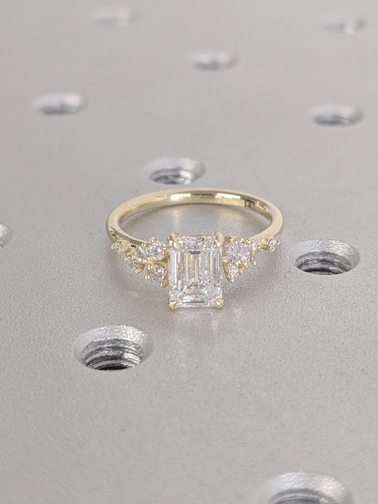 Emerald Cut Lab Grown Diamond | Unique 14K Yellow Gold Snowdrift Engagement Ring | Diamond Cluster Promise or Anniversary Ring for Women