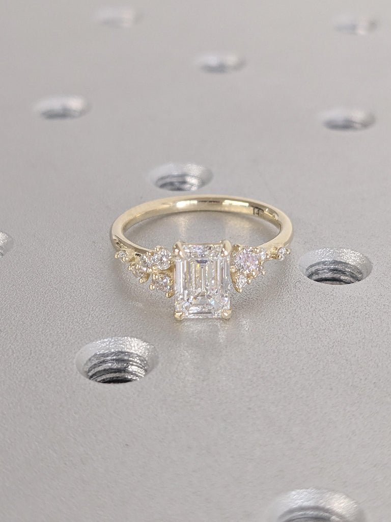 14K Yellow Gold Emerald Cut Moissanite Engagement Ring | Unique Moissanite Wedding Ring | Snowdrift Engagement or Birthday Gift for Wife