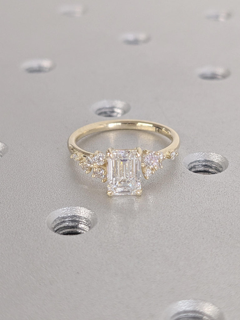 0.5-2.5ct Emerald Cut Moissanite Snowdrift Ring | Dainty 14k Yellow Gold Moissanite Engagement Ring | Art Deco Bridal Ring | Gift for Women