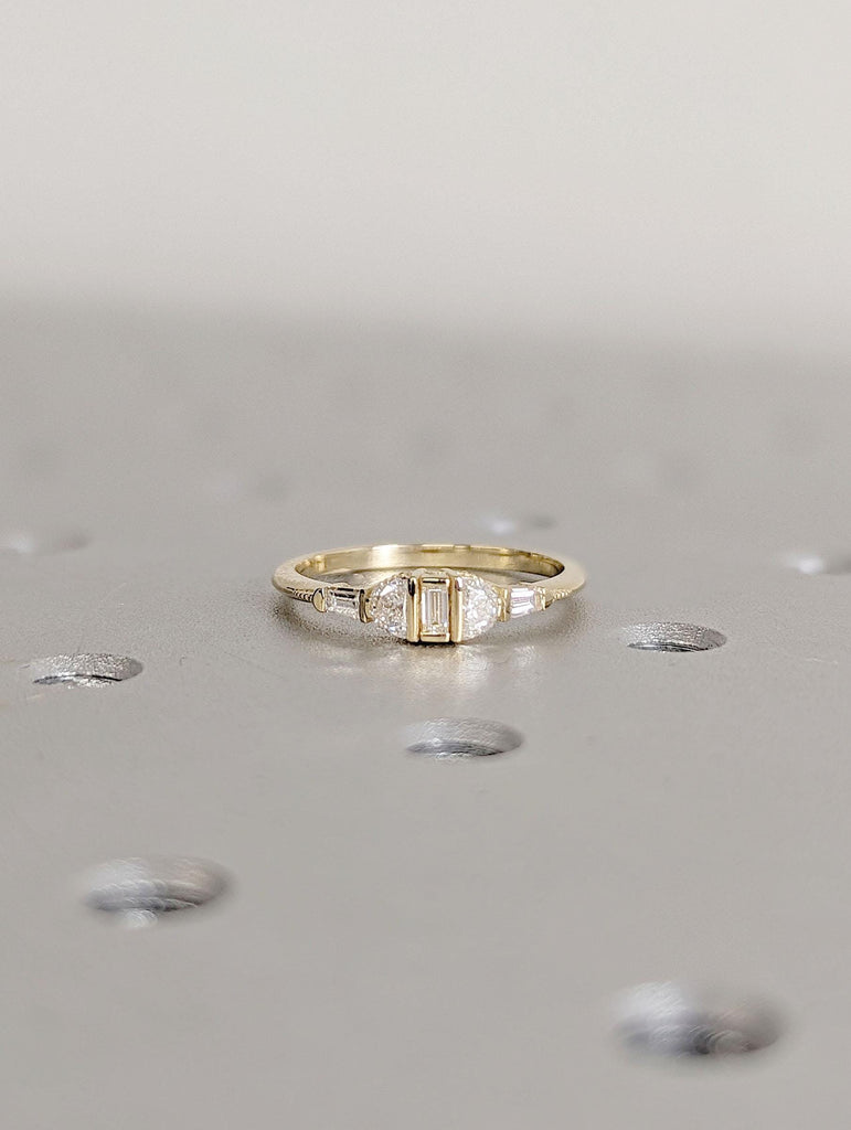 Solid Yellow Gold Diamond Cluster Ring | Simple Promise Ring for Her | Unique Half Moon Diamond Engagement Ring