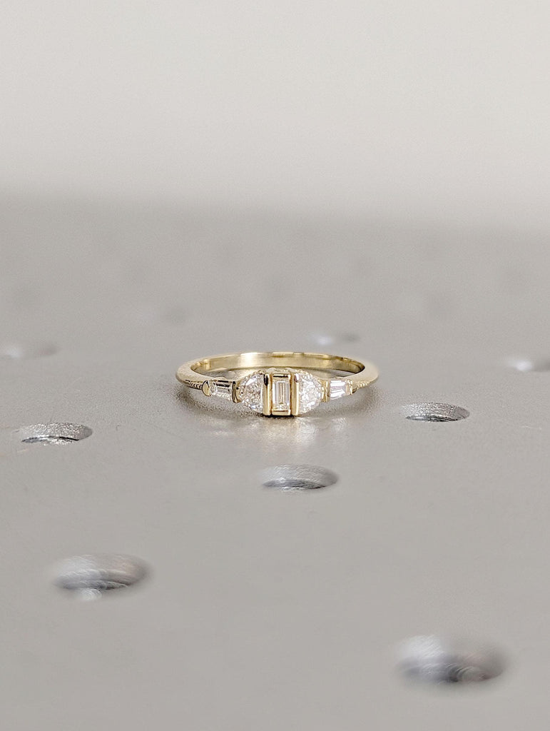 Solid Yellow Gold Diamond Cluster Ring | Simple Promise Ring for Her | Unique Half Moon Diamond Engagement Ring