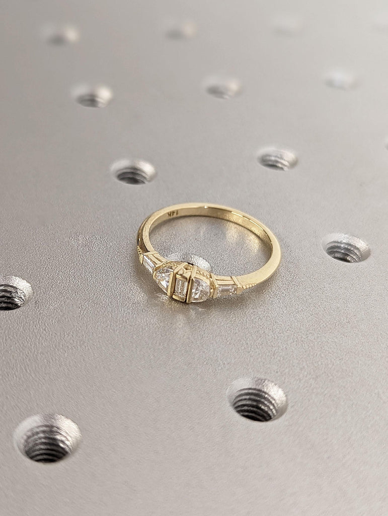 Art Deco Diamond Cluster Engagement Ring | 14K Yellow Gold Wedding Ring for Her | Unique Half Moon Moissanite Promise Ring | Custom Ring