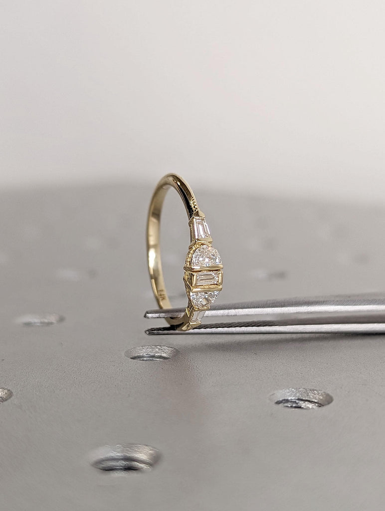 Half Moon cut Moissanite Engagement Ring | Baguette Diamond Cluster Ring | Solid Gold Wedding Ring | Dainty Promise Ring