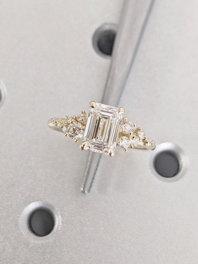 Emerald Cut Lab Grown Diamond | Unique 14K Yellow Gold Snowdrift Engagement Ring | Diamond Cluster Promise or Anniversary Ring for Women