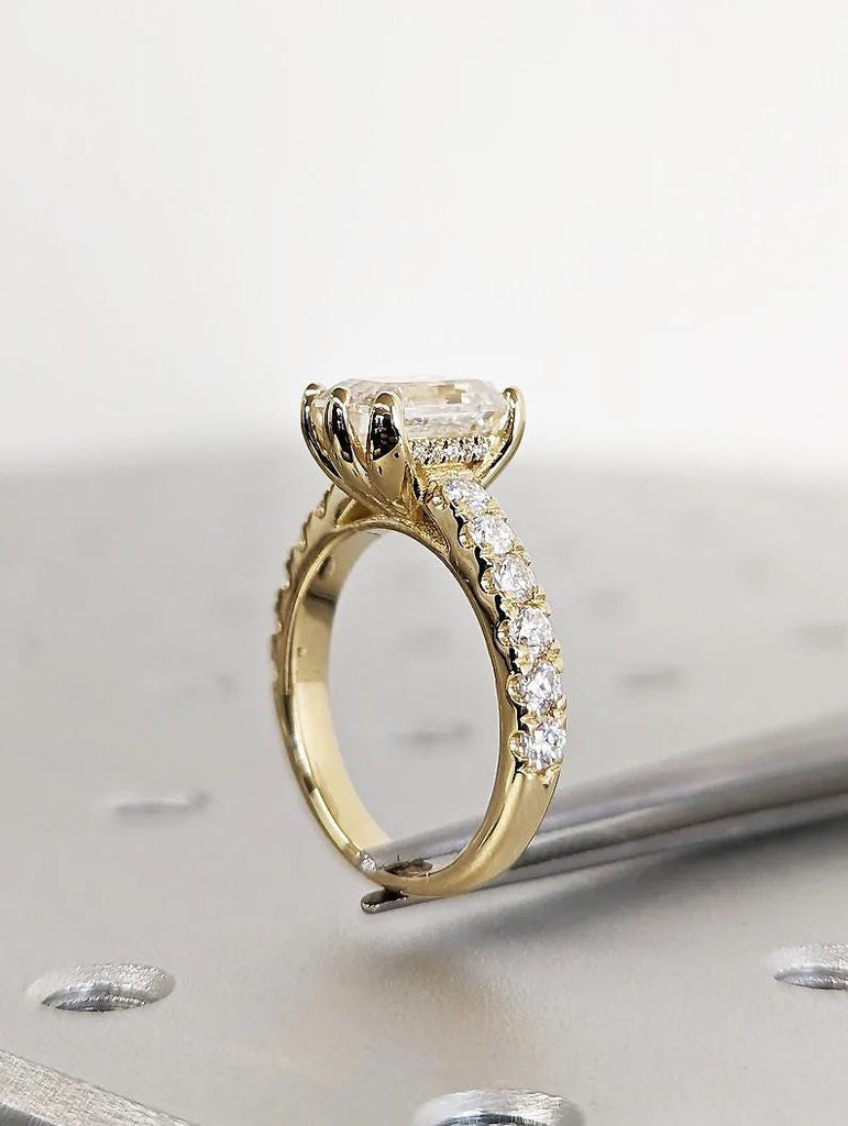 14k Yellow Gold Lab Diamond Promise Ring, Half Eternity Diamond Ring, Hidden Halo Statement Ring, Unique Emerald Cut Lab Grown Diamond Ring