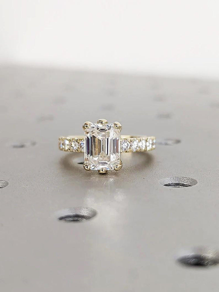 Emerald Cut Lab Grown Diamond Ring, Art Deco Diamond Wedding Ring, Anniversary Gift for Her, Hidden Halo Engagement Ring, Half Eternity ring