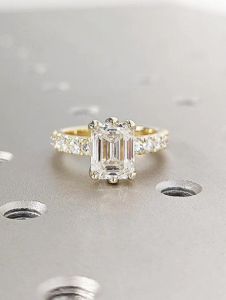 14k Yellow Gold Lab Diamond Promise Ring, Half Eternity Diamond Ring, Hidden Halo Statement Ring, Unique Emerald Cut Lab Grown Diamond Ring