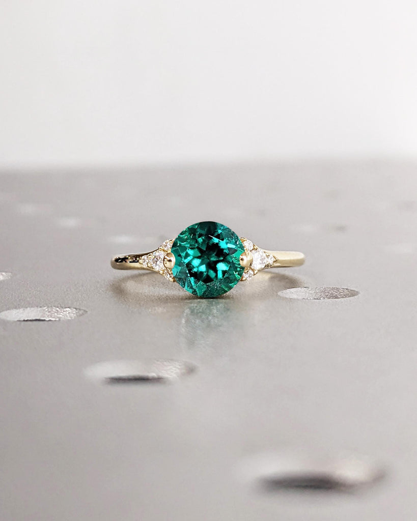 Art Deco Green Lab Emerald Engagement Ring | Dainty 14k Yellow Gold Ring | Anniversary Gift for Wife | Unique Cluster Accent Wedding Ring