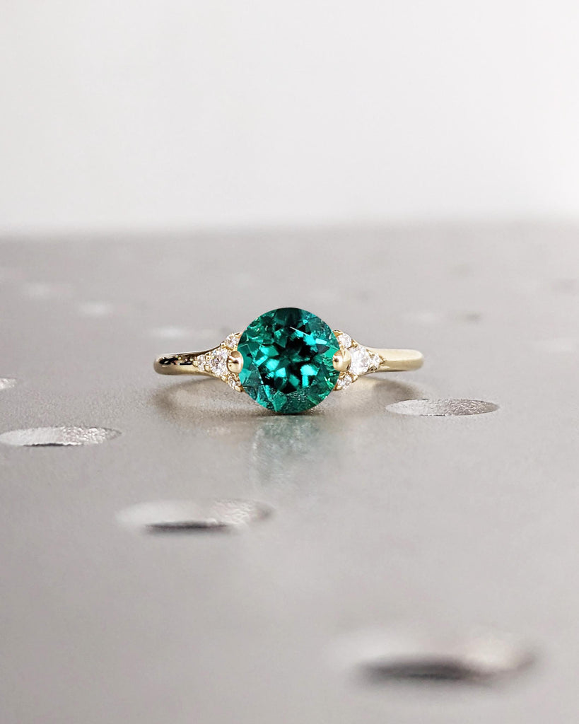 Round Cut Lab Emerald Engagement Ring / Cluster Accent Round Lab Emerald / Art Deco Green Lab Emerald Ring / Yellow Gold Ring / Promise Ring