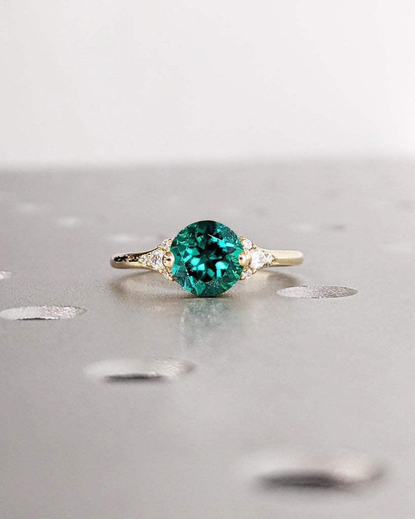 Round Cut Lab Emerald Promise ring | 14k Yellow Gold Ring | Vintage Green Lab Emerald Ring | Emerald Engagement Ring | Anniversary Rings