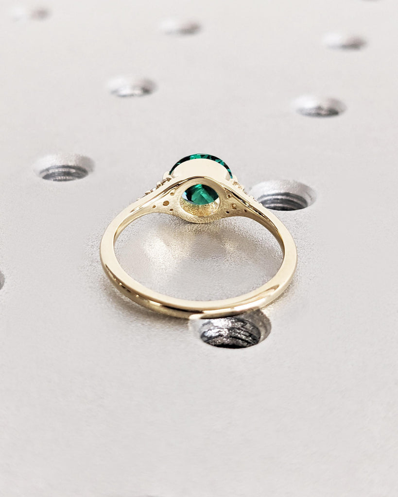 Art Deco Green Lab Emerald Engagement Ring | Dainty 14k Yellow Gold Ring | Anniversary Gift for Wife | Unique Cluster Accent Wedding Ring