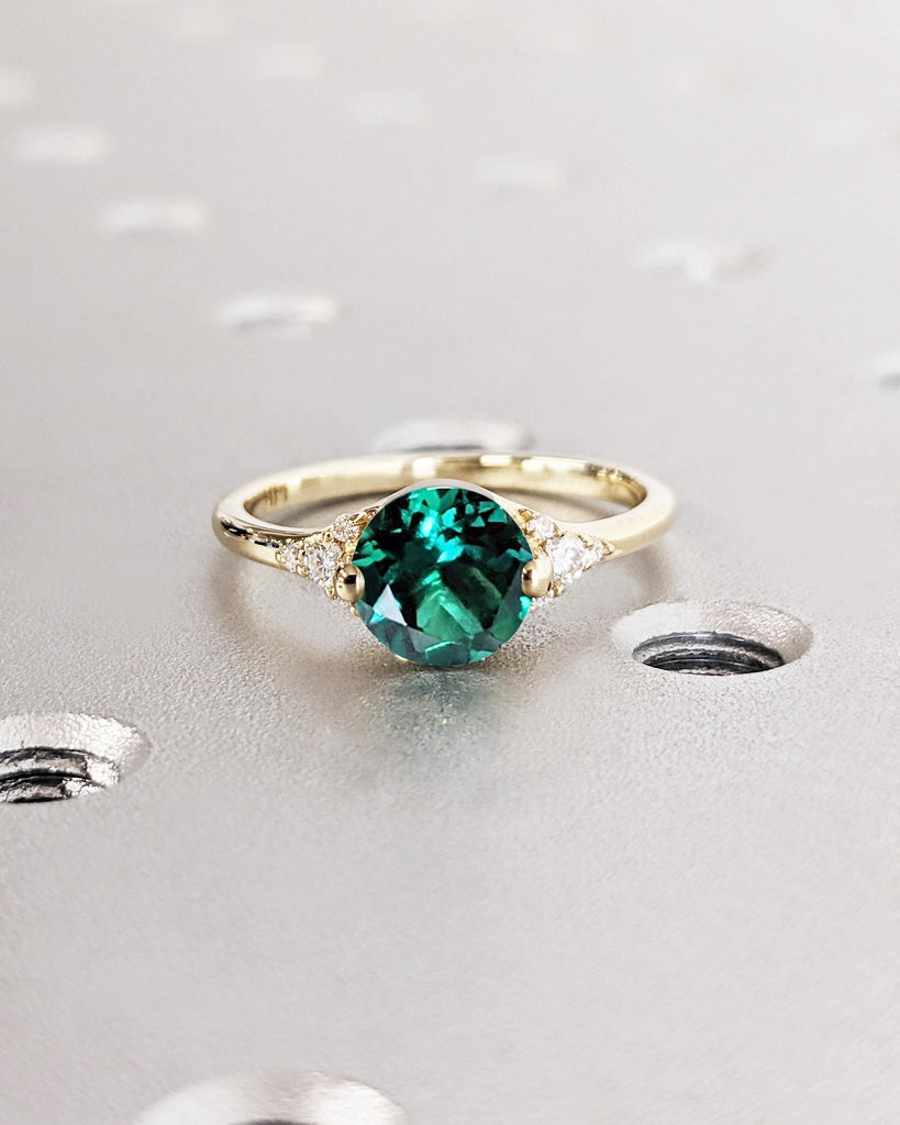 Round Cut Lab Emerald Engagement Ring / Cluster Accent Round Lab Emerald / Art Deco Green Lab Emerald Ring / Yellow Gold Ring / Promise Ring