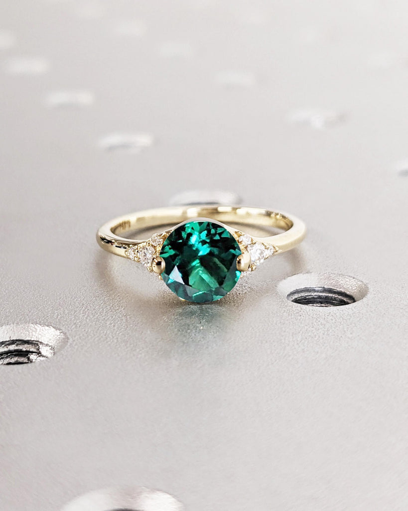 Round Cut Lab Emerald Promise ring | 14k Yellow Gold Ring | Vintage Green Lab Emerald Ring | Emerald Engagement Ring | Anniversary Rings