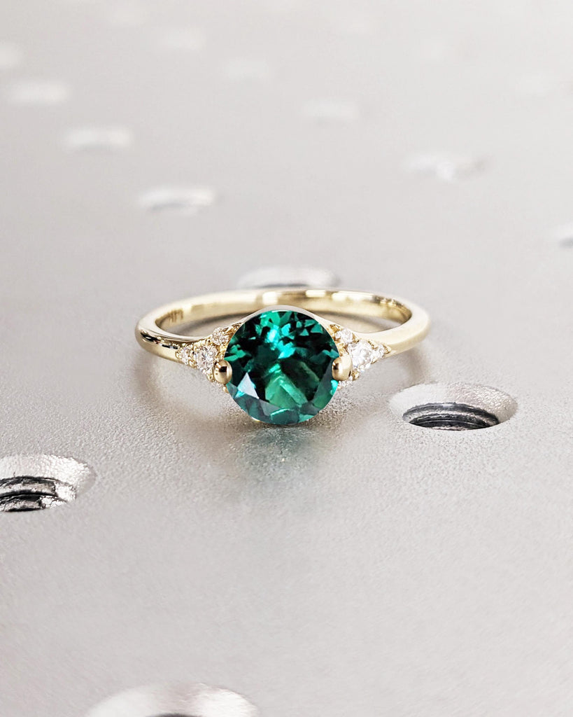 Vintage Emerald Engagement Ring | Round Lab Emerald Ring | Green Emerald Ring | Yellow Gold Ring | Anniversary Promise Ring | May Birthstone