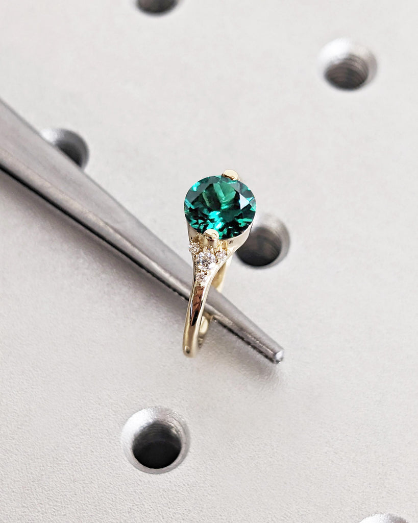 Round Cut Lab Emerald Promise ring | 14k Yellow Gold Ring | Vintage Green Lab Emerald Ring | Emerald Engagement Ring | Anniversary Rings