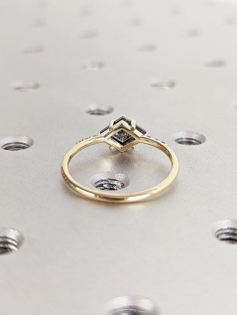 kite Cut Salt and Pepper Diamond Ring, 14k Yellow Gold, Kite shape Diamond Engagement Ring, Anniversary Gift for Her, Unique Diamond Jewelry