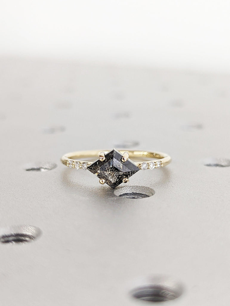 kite Cut Salt and Pepper Diamond Ring, 14k Yellow Gold, Kite shape Diamond Engagement Ring, Anniversary Gift for Her, Unique Diamond Jewelry