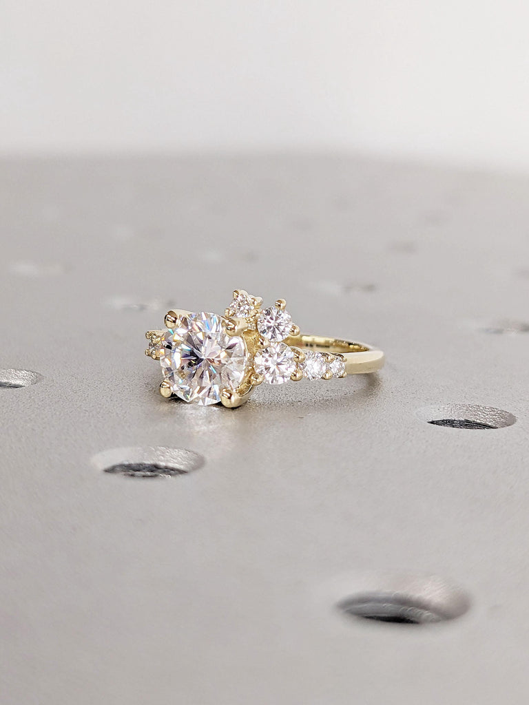 Colorless VVS Moissanite Cluster Ring | Round Diamond Engagement Ring | Unique Cluster Engagement Ring | 1-2CT Moissanite Artisan Jewelry