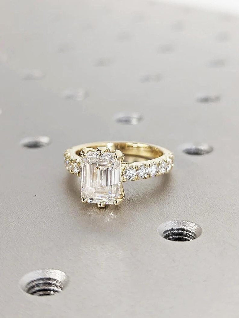 14k Yellow Gold Lab Diamond Promise Ring, Half Eternity Diamond Ring, Hidden Halo Statement Ring, Unique Emerald Cut Lab Grown Diamond Ring