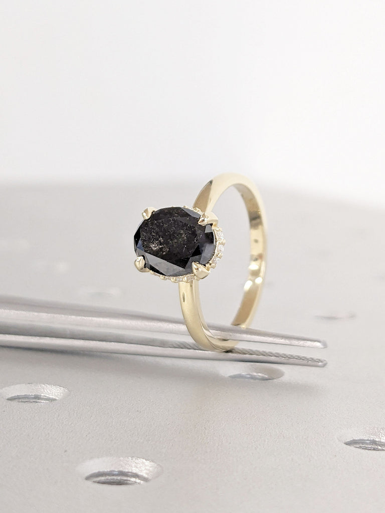 Oval cut Black Diamond Engagement Ring | Hidden Halo Diamond Cluster Vintage Ring | Yellow gold Bridal Ring Anniversary Gift for Women