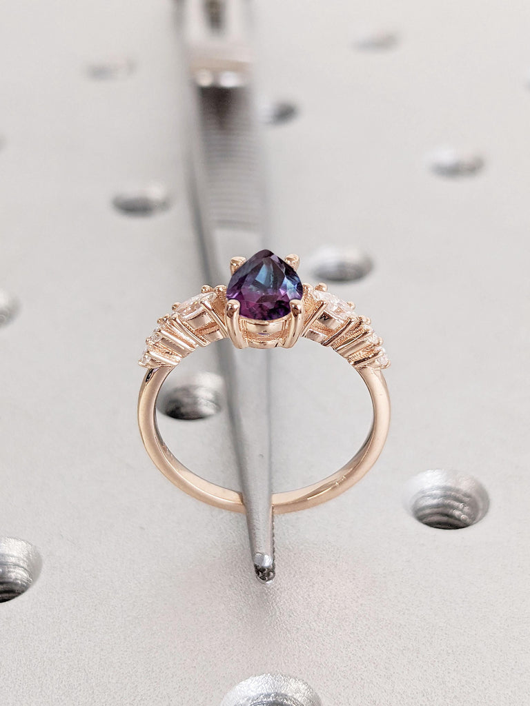 Marquise and Round Diamond Prong Set Ring | Vintage Engagement Ring | Lab Alexandrite 14k Rose Gold Anniversary Ring | Gift for Her