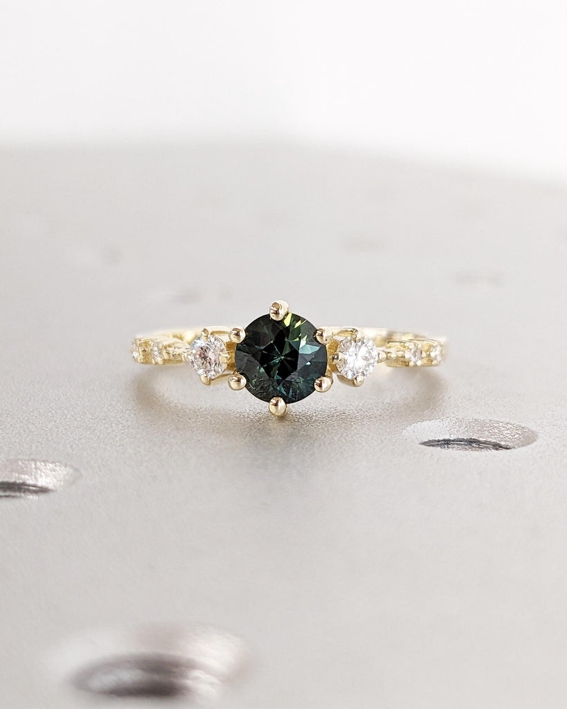 Vintage Blue Green Sapphire Engagement Ring | Dainty Yellow Gold Wedding Ring | Unique Cluster Lab Diamond Ring | Wedding Anniversary Ring