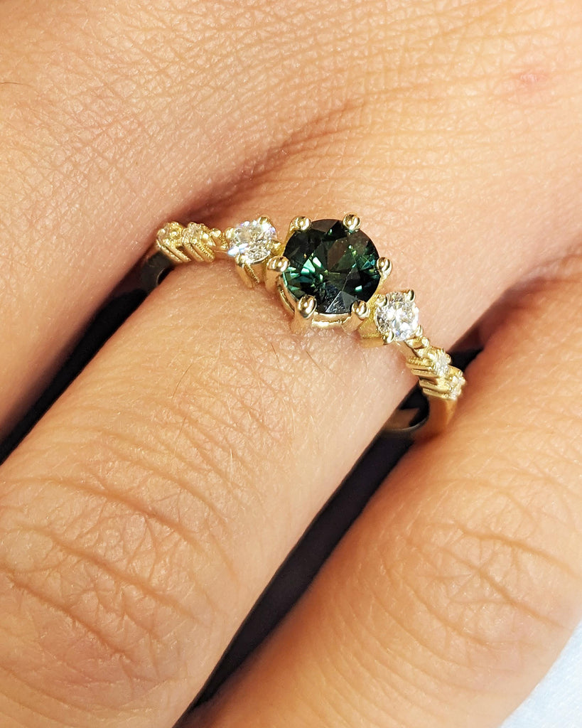 Vintage Blue Green Sapphire Engagement Ring | Dainty Yellow Gold Wedding Ring | Unique Cluster Lab Diamond Ring | Wedding Anniversary Ring