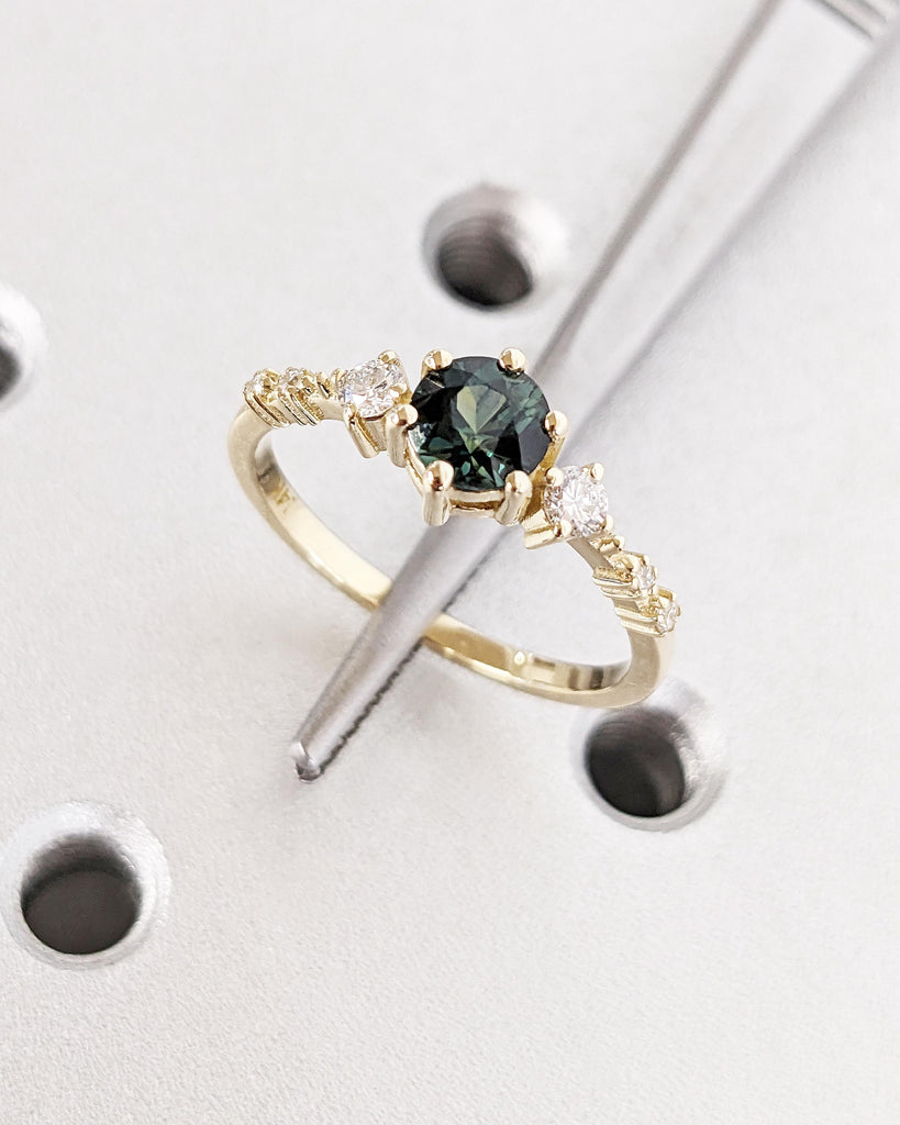 Vintage Blue Green Sapphire Engagement Ring | Dainty Yellow Gold Wedding Ring | Unique Cluster Lab Diamond Ring | Wedding Anniversary Ring