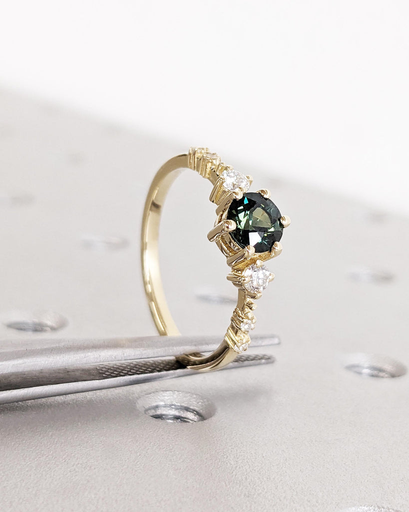 Vintage Blue Green Sapphire Engagement Ring | Dainty Yellow Gold Wedding Ring | Unique Cluster Lab Diamond Ring | Wedding Anniversary Ring