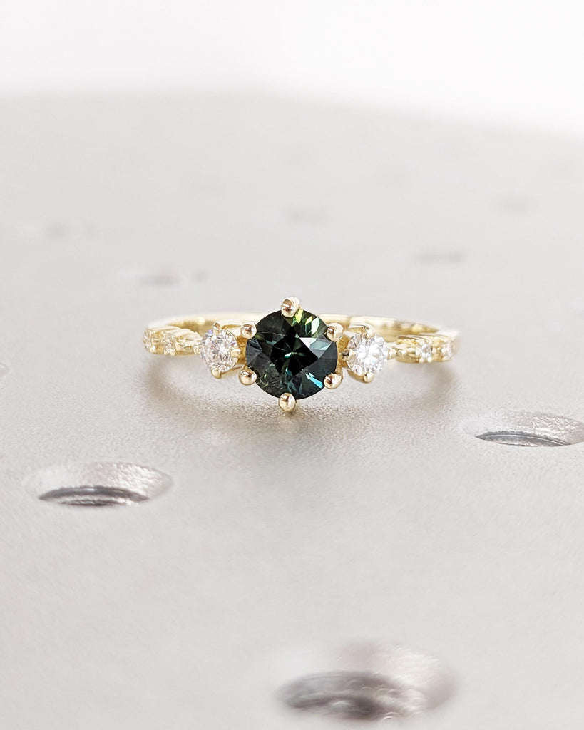 Vintage Blue Green Sapphire Engagement Ring | Dainty Yellow Gold Wedding Ring | Unique Cluster Lab Diamond Ring | Wedding Anniversary Ring