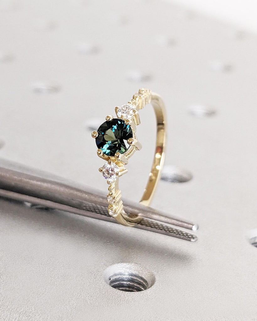 Vintage Blue Green Sapphire Engagement Ring | Dainty Yellow Gold Wedding Ring | Unique Cluster Lab Diamond Ring | Wedding Anniversary Ring