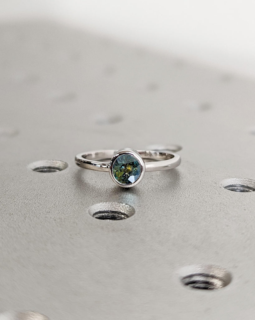 Round Sapphire Ring | 0.5 Green Sapphire Solitaire Ring | 18k White Gold Bezel Set Statement Ring | Anniversary Ring | Dainty Wedding Ring