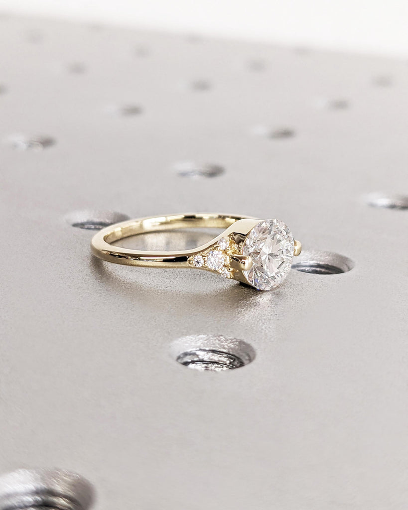 Yellow Gold Round Cut Lab Grown Diamond Ring | Diamond Cluster Art Deco Promise Anniversary Ring | Simulant Diamond Solitaire Ring for Her