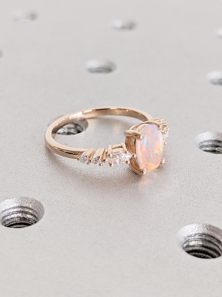 Vintage Rose Gold Natural White Opal Engagement Ring, Unique Oval cut Opal Wedding Ring, Prong Set Ring Promise Anniversary Bridal Ring