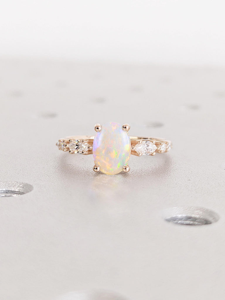 Vintage Rose Gold Natural White Opal Engagement Ring | Unique Opal Wedding Ring | Prong Set Ring | Art Deco Promise Anniversary Bridal Ring