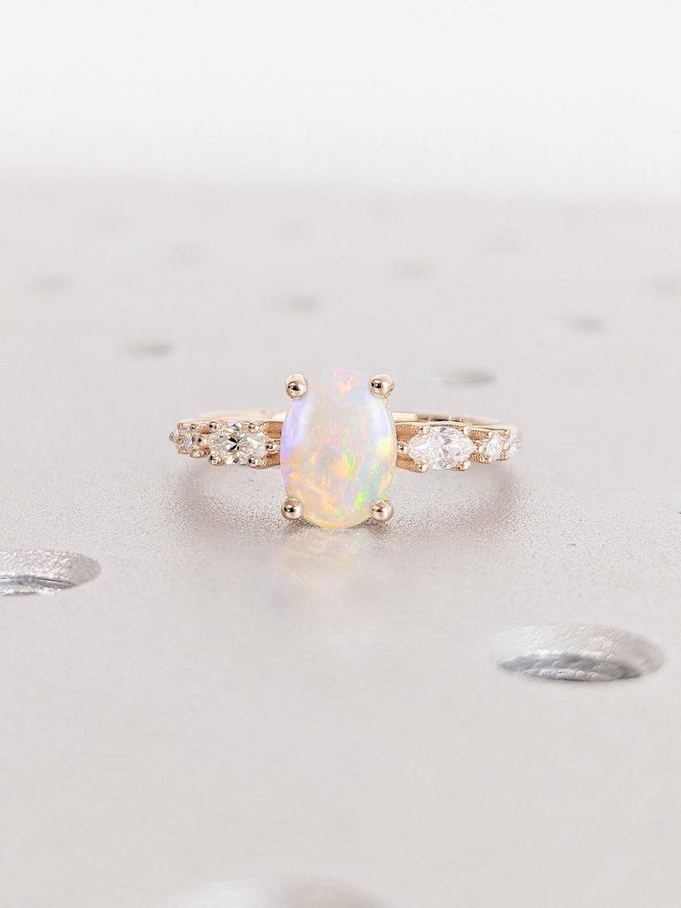 Vintage Rose Gold Natural White Opal Engagement Ring | Unique Opal Wedding Ring | Prong Set Ring | Art Deco Promise Anniversary Bridal Ring