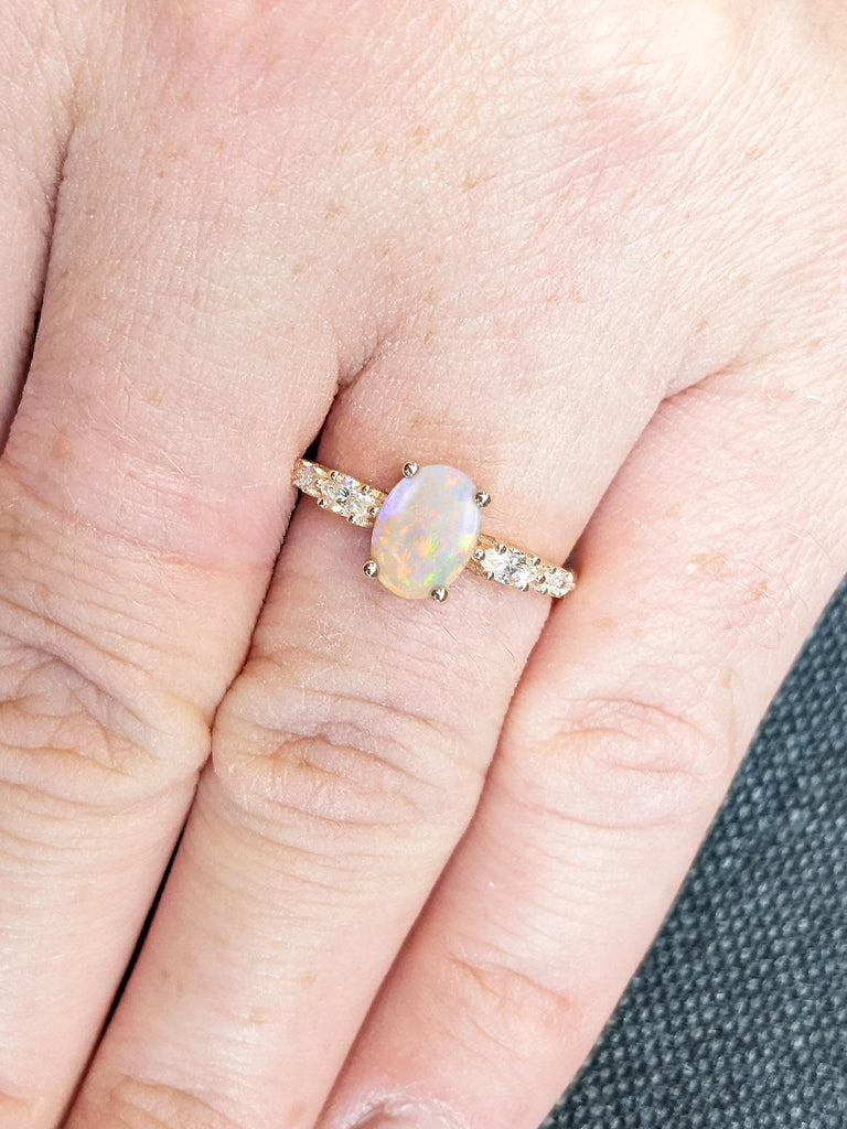 1 Carat Oval Natural Opal Ring | Lab Diamond Cluster Engagement Ring | Dainty Ring | 14k Rose Gold Promise Ring | Prong Set Ring