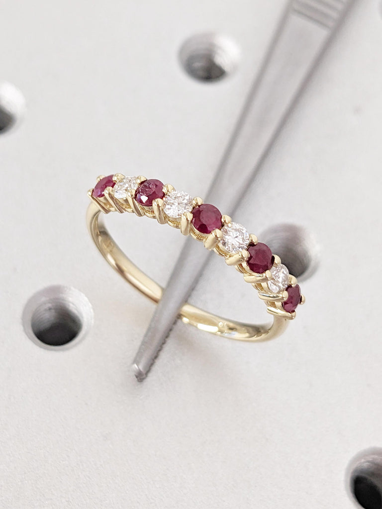 Ruby Diamond Ring | 14k Yellow Gold Half Eternity Ring | Unique Diamond Wedding Band | Dainty Ruby Wedding Ring | Anniversary Gift for Her