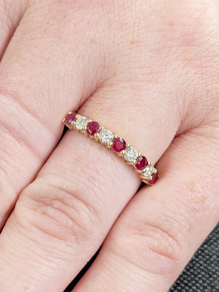 Ruby Diamond Ring | 14k Yellow Gold Half Eternity Ring | Unique Diamond Wedding Band | Dainty Ruby Wedding Ring | Anniversary Gift for Her