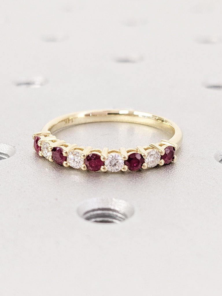 Ruby Diamond Ring | 14k Yellow Gold Half Eternity Ring | Unique Diamond Wedding Band | Dainty Ruby Wedding Ring | Anniversary Gift for Her