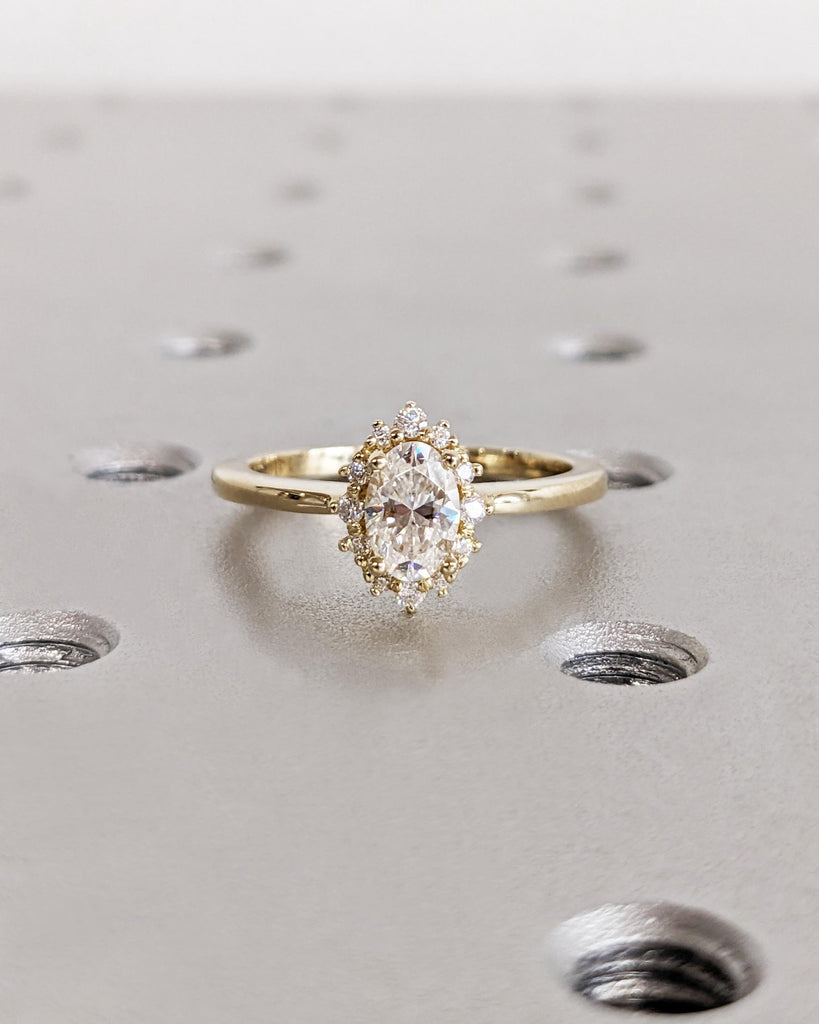 Unique Oval Halo Ring | Lab Created Diamond Solitaire Proposal Ring | Real Yellow Gold Wedding Ring for Wife | Sparkling Diamond Bridal Ring