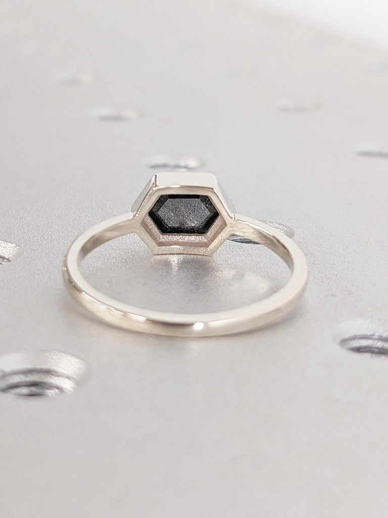 Hexagon Salt and Pepper Diamond Ring, 14k White Gold Engagement Ring, Unique Wedding or Anniversary Gift for Her, Bezel Setting Gold Ring