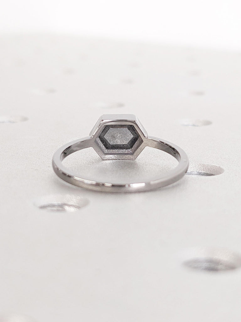 14k Black Gold Hexagon Cut Dark Grey Diamond Engagement Ring | Unique Salt and Pepper Solitaire Ring | Birthday Gifts for Girlfriend