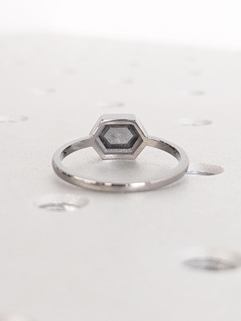 Hexagon Cut Dark Grey Raw Diamond Promise Ring | 14k Black Gold Salt and Pepper Ring | Solitaire Anniversary Ring | Dainty Ring for Women