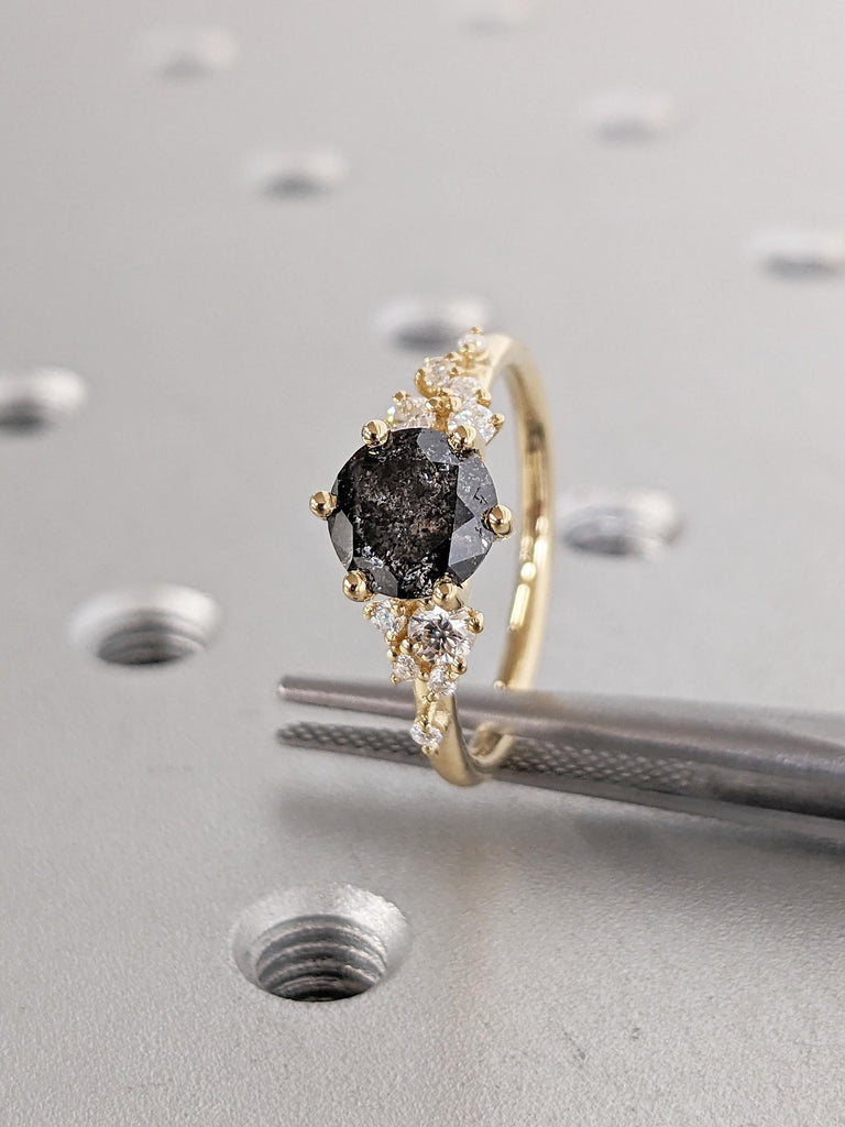 0.5-2.25ct Salt and Pepper Engagement Ring, 18k Yellow Gold Ring, Snowdrift Cluster Moissanite Ring, Unique Anniversary Rings for Women