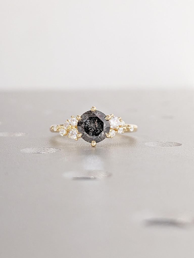 0.5-2.25ct Salt and Pepper Engagement Ring, 18k Yellow Gold Ring, Snowdrift Cluster Moissanite Ring, Unique Anniversary Rings for Women